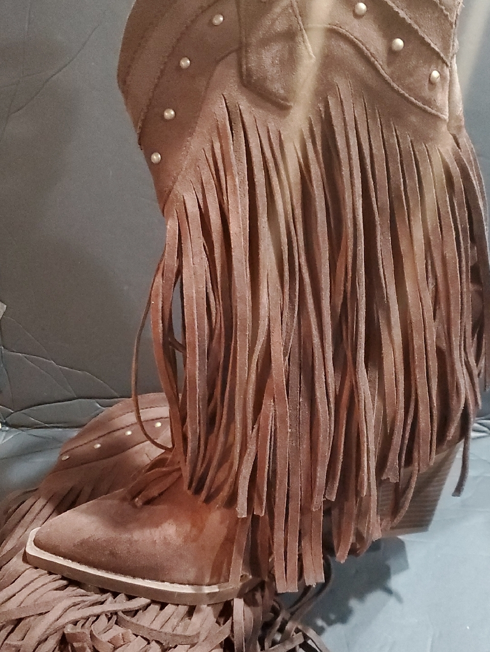 Brown faux suede fringed gold studded midcalf cowgirl cowboy boots size 10‎ new - Picture 8 of 11